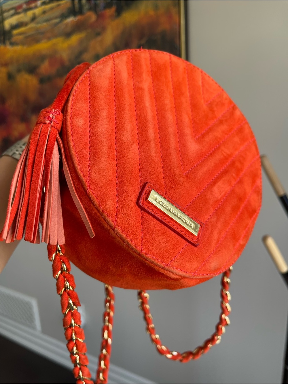 BCBG MaxAzria Orange Faux Suede Quilted Chevron Round Crossbody - Picture 5 of 16